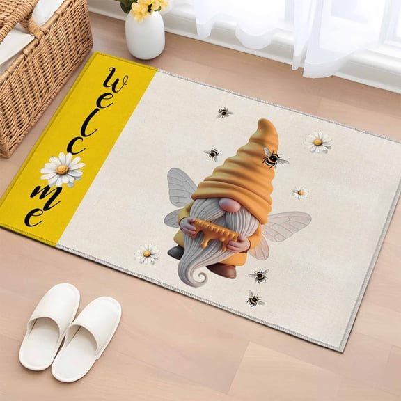 Rectangle Rug 2x3ft Area Rug, Rustic Dwarf Bees Daisy Flower Honey Area Rugs for Living Room Bedroom, Welcome Word Yellow Flax Floor Mat Non-Slip Non-Shedding Carpet Indoor Accent Rugs