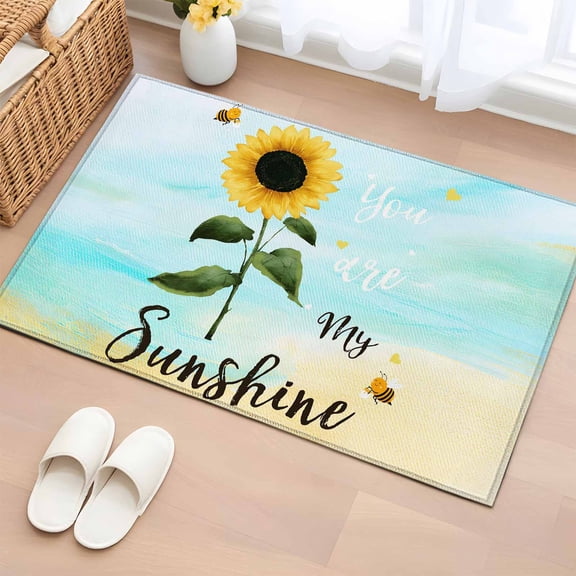 Rectangle Rug 2x3ft Area Rug,Rustic Sunflower Blue Ombre Area Rugs for Living Room Bedroom,Farmhouse Flower Bee Floor Mat Non-Slip Non-Shedding Carpet Indoor Accent Rugs