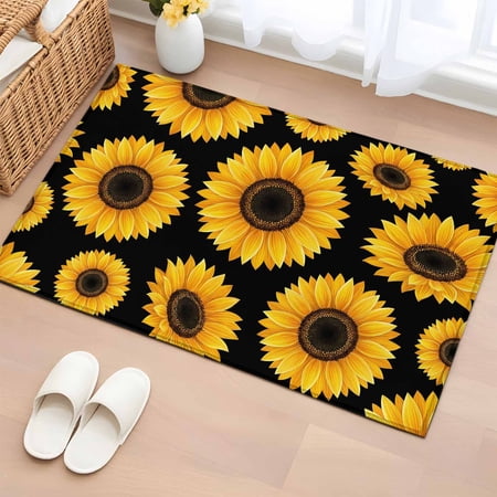 Rectangle Rug 2x3ft Area Rug, Rustic Yellow Sunflower Floral Area Rugs for Living Room Bedroom, Country Flower on Black Floor Mat Non-Slip Non-Shedding Carpet Indoor Accent Rugs