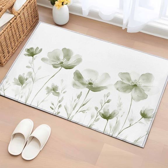 Rectangle Rug 2x3ft Area Rug,Sage Green Flower on White Area Rugs for Living Room Bedroom,Still Life Floral Floor Mat Non-Slip Non-Shedding Carpet Indoor Accent Rugs