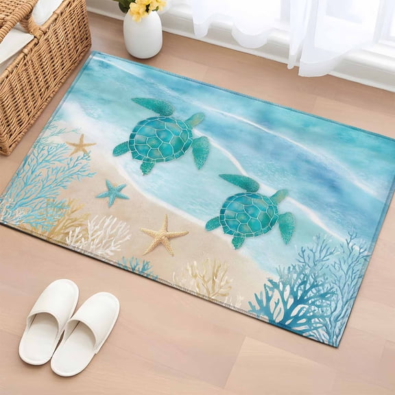 Rectangle Rug 2x3ft Area Rug, Sea Turtle Starfish Coral Area Rugs for Living Room Bedroom, Summer Seaside Ocean Life Floor Mat Non-Slip Non-Shedding Carpet Indoor Accent Rugs
