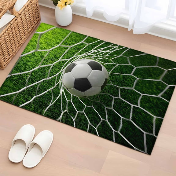 Rectangle Rug 2x3ft Area Rug, Sports Soccer Ball Area Rugs for Living Room Bedroom, Goal Net Green Grass Floor Mat Non-Shedding Non-Slip Carpet Indoor Accent Rugs