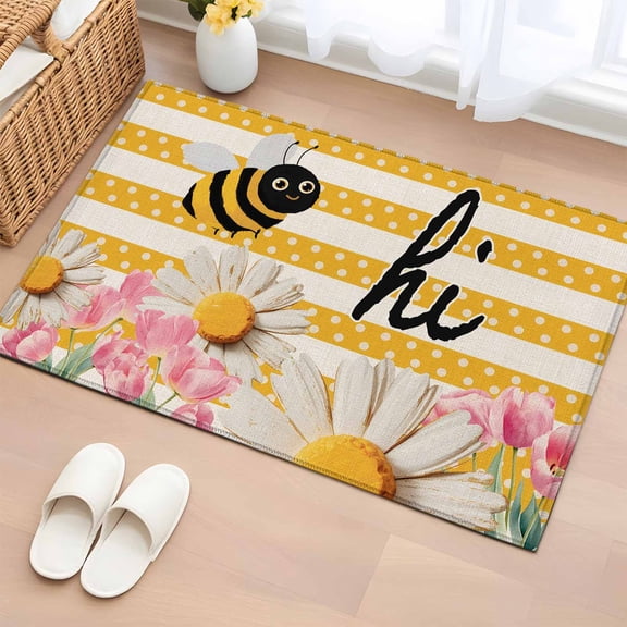 Rectangle Rug 2x3ft Area Rug,Spring Bees Pink Tulips Daisy Flower Area Rugs for Living Room Bedroom,Vintage Yellow Stripe Floor Mat Non-Slip Non-Shedding Carpet Indoor Accent Rugs
