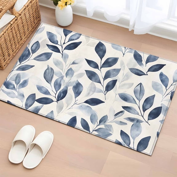 Rectangle Rug 2x3ft Area Rug,Spring Blue Leaves on Vintage Beige Area Rugs for Living Room Bedroom,Watercolor Plant Floor Mat Non-Slip Non-Shedding Carpet Indoor Accent Rugs