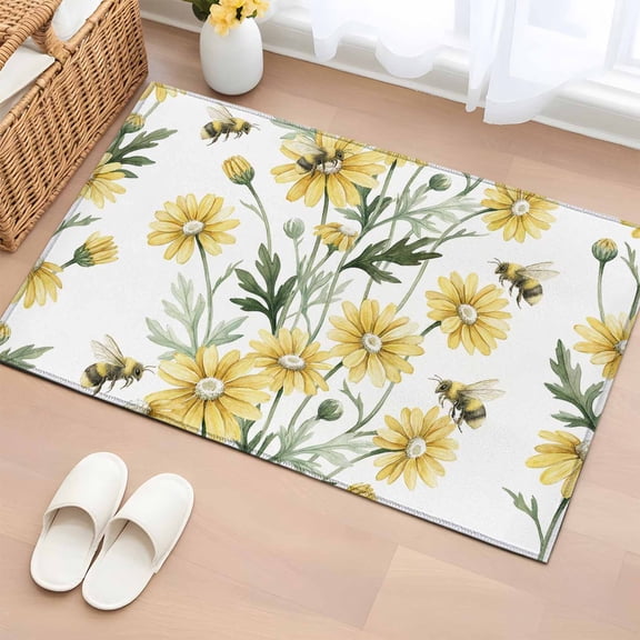 Rectangle Rug 2x3ft Area Rug,Spring Countryside Yellow Daisy Bees Area Rugs for Living Room Bedroom,Watercolor Flowerr Floor Mat Non-Slip Non-Shedding Carpet Indoor Accent Rugs
