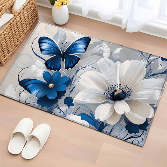 Rectangle Rug 2x3ft Area Rug,Spring Garden Booming Floral Area Rugs for Living Room Bedroom,Elegant White Blue Flower Floor Mat Non-Slip Non-Shedding Carpet Indoor Accent Rugs