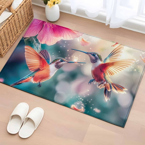 Rectangle Rug 2x3ft Area Rug,Spring Hummingbird Pink Petals Flowers Area Rugs for Living Room Bedroom,Dreamlike Animal Focus Scenery Floor Mat Non-Slip Non-Shedding Carpet Indoor Accent Rugs