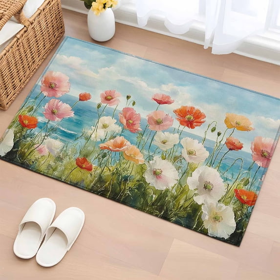 Rectangle Rug 2x3ft Area Rug,Spring Poppy Watercolor Flower Area Rugs for Living Room Bedroom,Beach Scene Oil Painting Art Floor Mat Non-Slip Non-Shedding Carpet Indoor Accent Rugs
