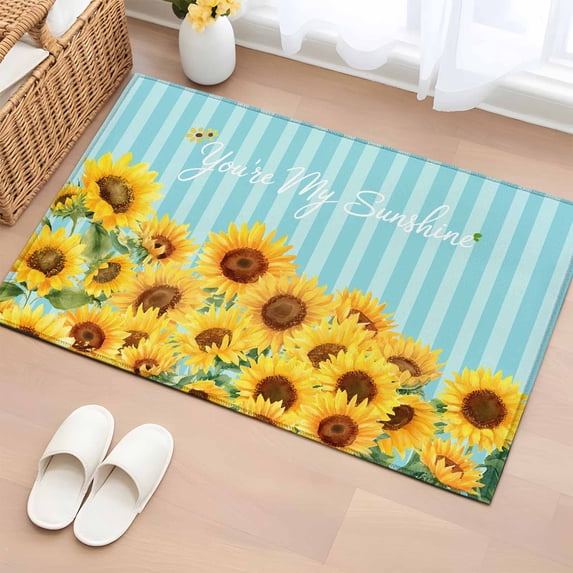 Rectangle Rug 2x3ft Area Rug,Spring Watercolor Sunflowers Area Rugs for Living Room Bedroom,Blue Green Striped Floor Mat Non-Slip Non-Shedding Carpet Indoor Accent Rugs
