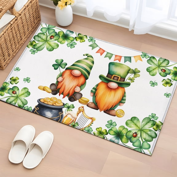 Rectangle Rug 2x3ft Area Rug, St Patrick's Day Gnome Clovers Area Rugs for Living Room Bedroom, Green Leaves Gold Coin Floor Mat Non-Slip Non-Shedding Carpet Indoor Accent Rugs