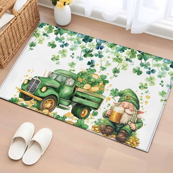 Rectangle Rug 2x3ft Area Rug,St. Patrick's Day Green Truck Gnome Area Rugs for Living Room Bedroom,Four Leaf Gold Coin Floor Mat Non-Slip Non-Shedding Carpet Indoor Accent Rugs