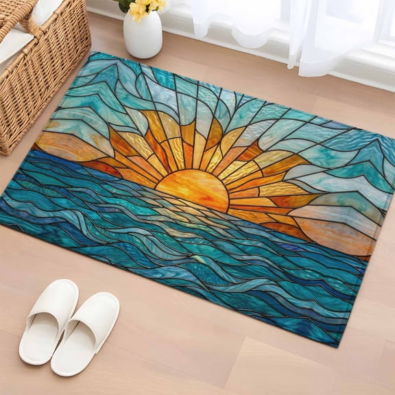 Rectangle Rug 2x3ft Area Rug, Stained Glass Sunset Area Rugs for Living Room Bedroom, Ocean Waves Landscape Floor Mat Non-Slip Non-Shedding Carpet Indoor Accent Rugs