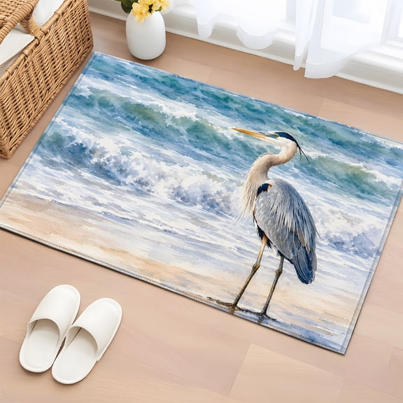 Rectangle Rug 2x3ft Area Rug, Summer Beach Coastal Heron Bird Area Rugs for Living Room Bedroom, Watercolor Ocean Theme Floor Mat Non-Slip Non-Shedding Carpet Indoor Accent Rugs