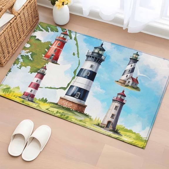 Rectangle Rug 2x3ft Area Rug, Summer Coastal Nautical Lighthouse Area Rugs for Living Room Bedroom, Ocean Beach Theme Floor Mat Non-Slip Non-Shedding Carpet Indoor Accent Rugs