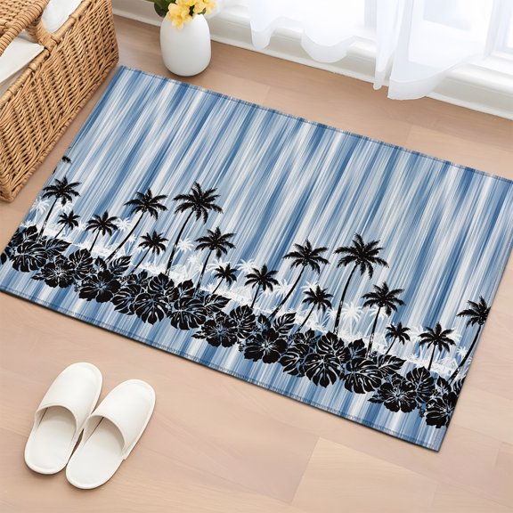 Rectangle Rug 2x3ft Area Rug, Summer Coconut Tree Silhouettes Area Rugs for Living Room Bedroom, Blue Gradient Stripe Floor Mat Non-Slip Non-Shedding Carpet Indoor Accent Rugs