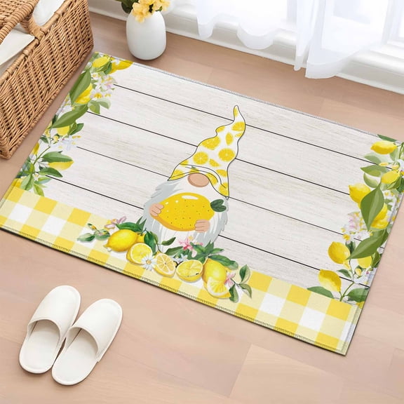 Rectangle Rug 2x3ft Area Rug, Summer Lemon Gnome Area Rugs for Living Room Bedroom, Yellow Grid on Rustic Wood Plank Floor Mat Non-Slip Non-Shedding Carpet Indoor Accent Rugs