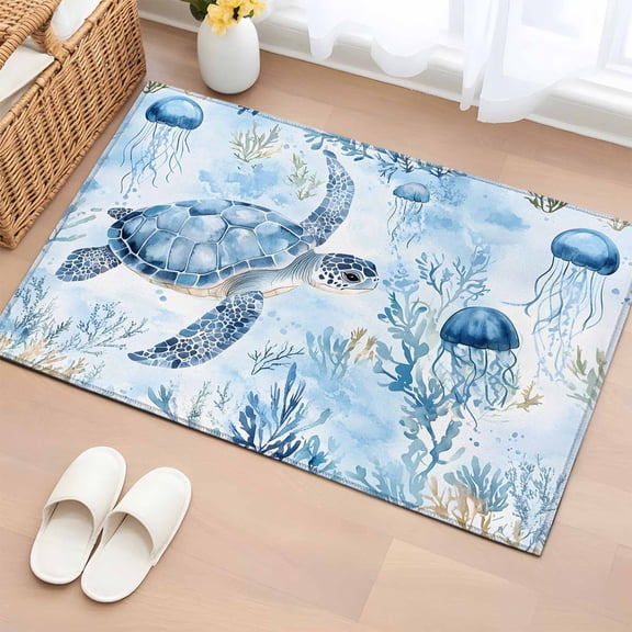 Rectangle Rug 2x3ft Area Rug,Summer Ocean Sea Turtle Seaweed Area Rugs for Living Room Bedroom,Marine Life Jellyfish Coral Floor Mat Non-Slip Non-Shedding Carpet Indoor Accent Rugs