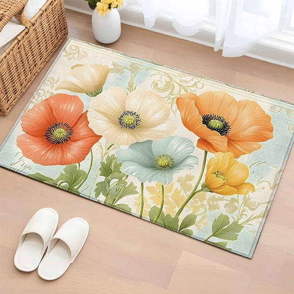 Rectangle Rug 2x3ft Area Rug, Summer Poppy Flower Plant Area Rugs for Living Room Bedroom, Watercolor Bloom Floral Floor Mat Non-Slip Non-Shedding Carpet Indoor Accent Rugs