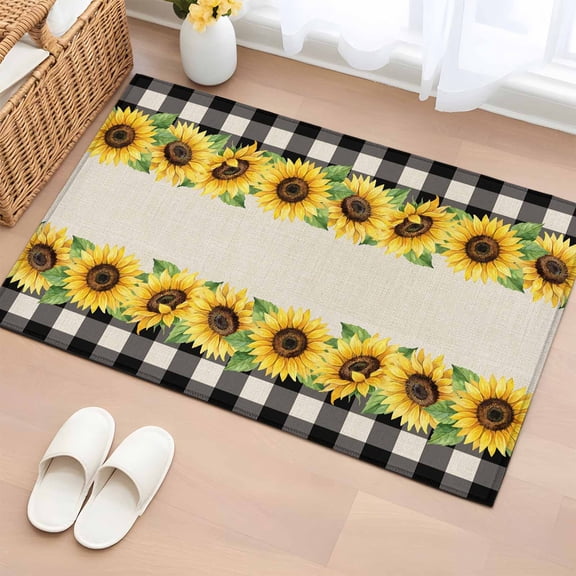 Rectangle Rug 2x3ft Area Rug, Summer Sunflower Retro Linen Area Rugs for Living Room Bedroom, Black Gingham Check Floor Mat Non-Slip Non-Shedding Carpet Indoor Accent Rugs
