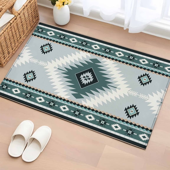 Rectangle Rug 2x3ft Area Rug,Teal Aztec Tribal Style Area Rugs for Living Room Bedroom,Ethnic Southwest Native Pattern Floor Mat Non-Slip Non-Shedding Carpet Indoor Accent Rugs