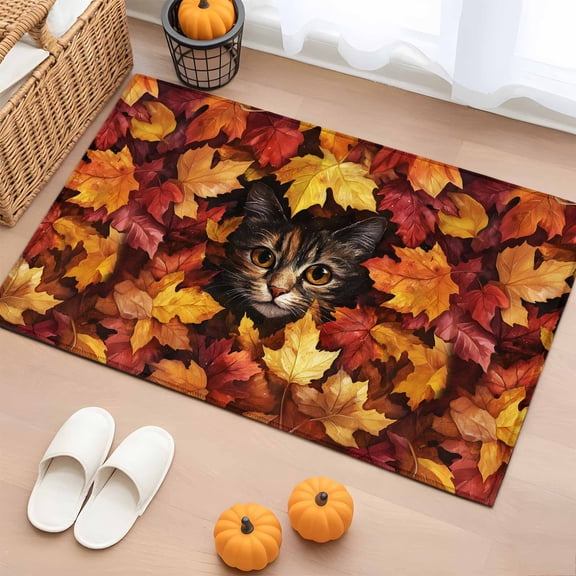 Rectangle Rug 2x3ft Area Rug, Thanksgiving Autumn Leaves Cute Cat Area Rugs for Living Room Bedroom, Fall Botantical Floor Mat Non-Slip Non-Shedding Carpet Indoor Accent Rugs
