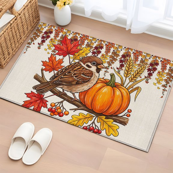 Rectangle Rug 2x3ft Area Rug, Thanksgiving Bird Pumpkins Area Rugs for Living Room Bedroom, Fall Maple Leaves Floor Mat Non-Slip Non-Shedding Carpet Indoor Accent Rugs