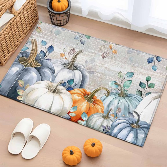 Rectangle Rug 2x3ft Area Rug, Thanksgiving Blue Pumpkin Eucalyptus Leaves Area Rugs for Living Room Bedroom, Shabby Chic Floor Mat Non-Slip Non-Shedding Carpet Indoor Accent Rugs