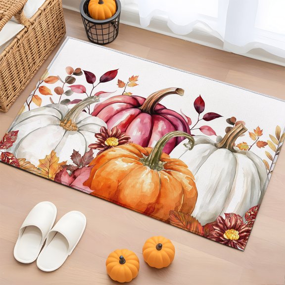 Rectangle Rug 2x3ft Area Rug, Thanksgiving Orange Pumpkin Area Rugs for Living Room Bedroom, Dark Red Leaves on Top Floor Mat Non-Slip Non-Shedding Carpet Indoor Accent Rugs
