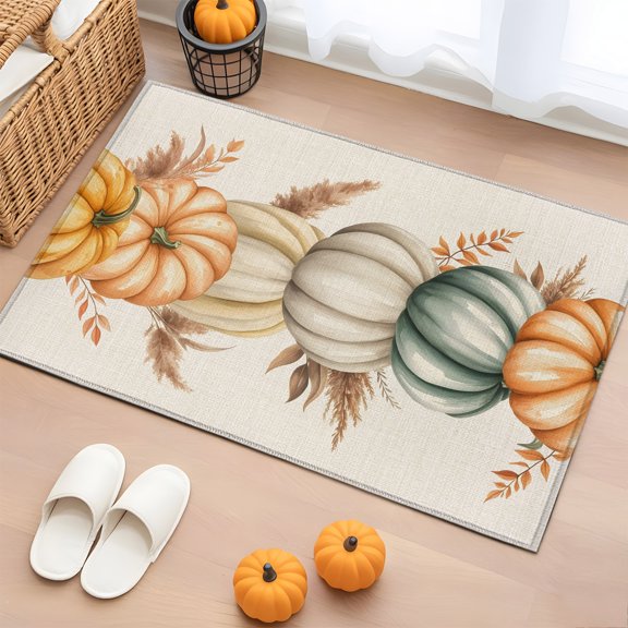 Rectangle Rug 2x3ft Area Rug, Thanksgiving Pumpkin Autumn Reed Area Rugs for Living Room Bedroom, Fall Leaves Retro Linen Floor Mat Non-Slip Non-Shedding Carpet Indoor Accent Rugs