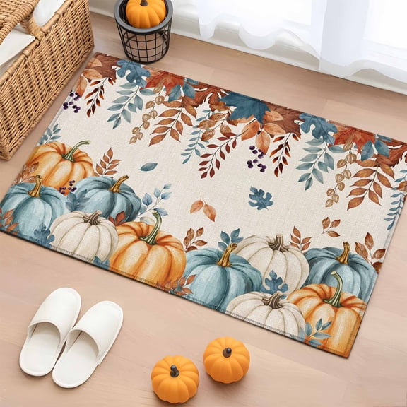 Rectangle Rug 2x3ft Area Rug, Thanksgiving Pumpkin Foliage Retro Linen Area Rugs for Living Room Bedroom, Country Leaves Ombre Floor Mat Non-Slip Non-Shedding Carpet Indoor Accent Rugs