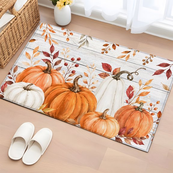 Rectangle Rug 2x3ft Area Rug, Thanksgiving Pumpkin Wood Board Area Rugs for Living Room Bedroom, Fall Eucalyptus Leaf Floor Mat Non-Slip Non-Shedding Carpet Indoor Accent Rugs