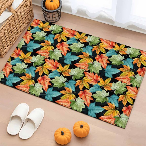 Rectangle Rug 2x3ft Area Rug, Thanksgiving Watercolor Green Orange Leaves Area Rugs for Living Room Bedroom, Fall Maple Leaf Floor Mat Non-Slip Non-Shedding Carpet Indoor Accent Rugs