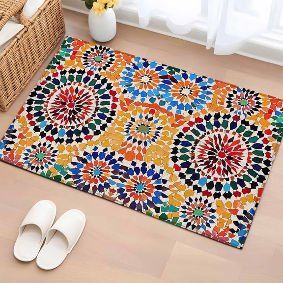 Rectangle Rug 2x3ft Area Rug,Traditional Colourful Moroccan Wall Tile Mosaic Back Area Rugs for Living Room Bedroom,Bohemian Style Floor Mat Non-Slip Non-Shedding Carpet Indoor Accent Rugs
