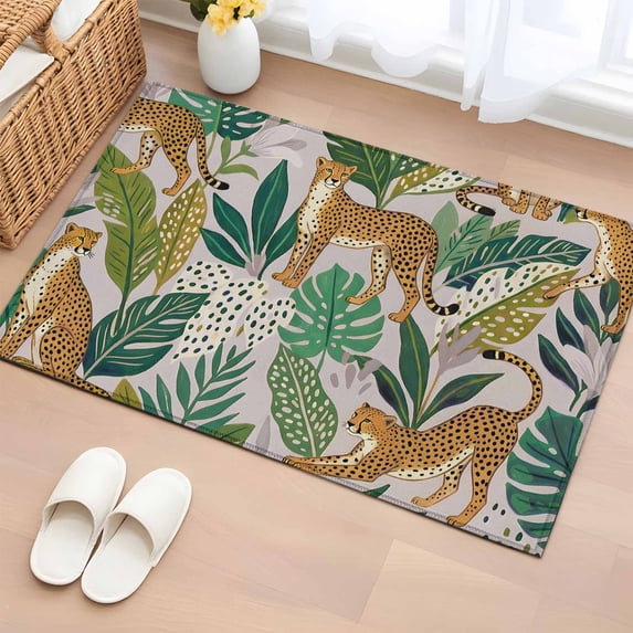 Rectangle Rug 2x3ft Area Rug,Tropical Animal Leopards Area Rugs for Living Room Bedroom,Watercolor Green Leaves Floor Mat Non-Slip Non-Shedding Carpet Indoor Accent Rugs