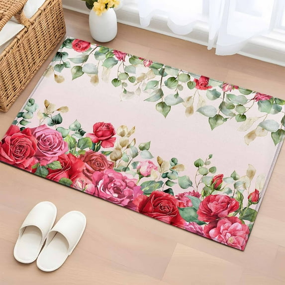 Rectangle Rug 2x3ft Area Rug,Valentine's Day Romantic Blooming Flower Rose Area Rugs for Living Room Bedroom,Red Pink Plant Floor Mat Non-Slip Non-Shedding Carpet Indoor Accent Rugs