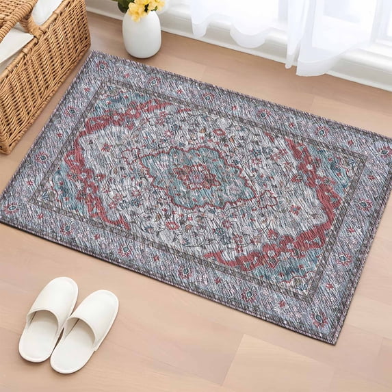 Rectangle Rug 2x3ft Area Rug, Vintage Abstract Flower Texture Area Rugs for Living Room Bedroom, Retro Floral Leaves Stripe Floor Mat Non-Slip Non-Shedding Carpet Indoor Accent Rugs