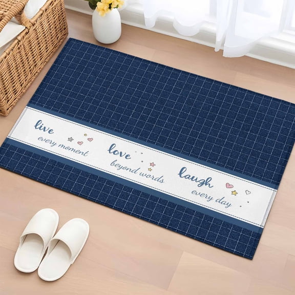 Rectangle Rug 2x3ft Area Rug, Vintage Blue Plaid Stripes Area Rugs for Living Room Bedroom, Laugh Every Day Quote Floor Mat Non-Slip Non-Shedding Carpet Indoor Accent Rugs