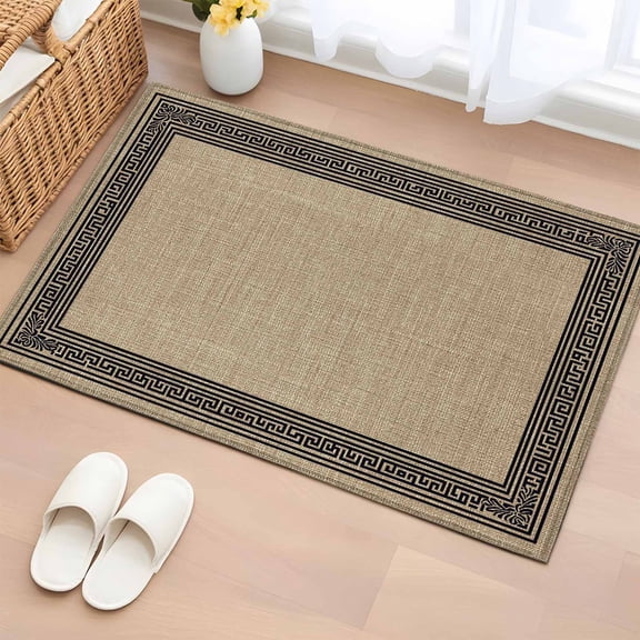 Rectangle Rug 2x3ft Area Rug, Vintage Greece Pattern Area Rugs for Living Room Bedroom, Geometric Black Line on Brown Floor Mat Non-Slip Non-Shedding Carpet Indoor Accent Rugs