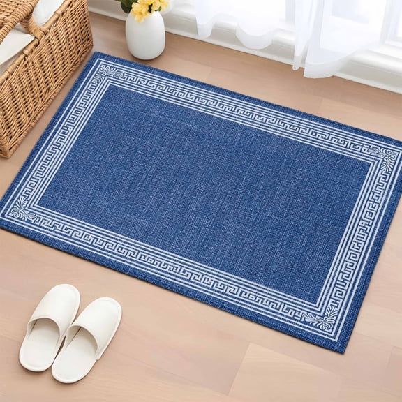Rectangle Rug 2x3ft Area Rug,Vintage Key Design Navy Blue Area Rugs for Living Room Bedroom,Greece Inspired Stripe Floor Mat Non-Slip Non-Shedding Carpet Indoor Accent Rugs