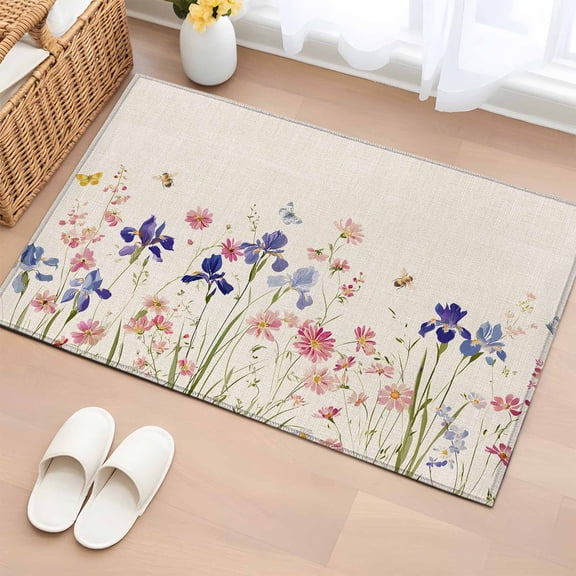 Rectangle Rug 2x3ft Area Rug, Vintage Spring Flowers Area Rugs for Living Room Bedroom, Country Floral Art on Linen Floor Mat Non-Slip Non-Shedding Carpet Indoor Accent Rugs