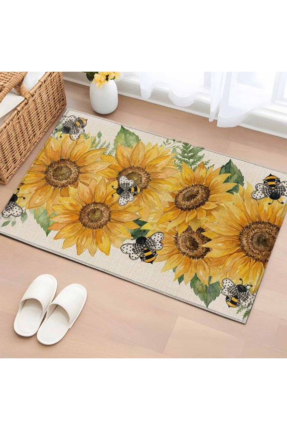 Rectangle Rug 2x3ft Area Rug, Vintage Watercolor Sunflower Leaves Area Rugs for Living Room Bedroom, Buffalo Checkered Bees Floor Mat Non-Slip Non-Shedding Carpet Indoor Accent Rugs
