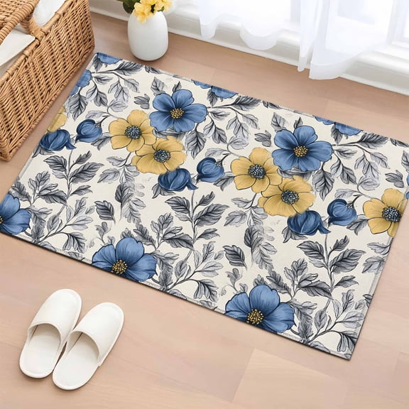 Rectangle Rug 2x3ft Area Rug,Vintage Yellow Blue Flower Leaves Area Rugs for Living Room Bedroom,Watercolor Spring Floral Floor Mat Non-Slip Non-Shedding Carpet Indoor Accent Rugs
