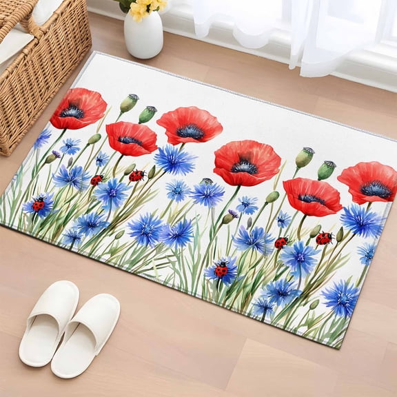 Rectangle Rug 2x3ft Area Rug, Watercolor Blue Red Flower Leaves Area Rugs for Living Room Bedroom, Independence Day Floor Mat Non-Slip Non-Shedding Carpet Indoor Accent Rugs