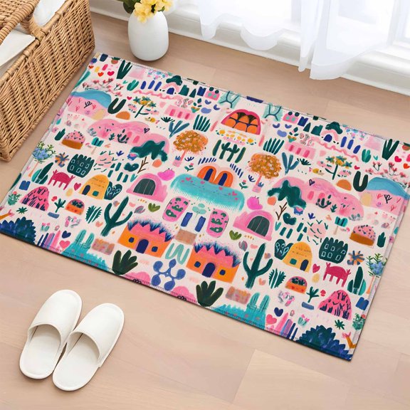 Rectangle Rug 2x3ft Area Rug,Watercolor Cartoon Cactus House Area Rugs for Living Room Bedroom,Cute Oil Painting Art Floor Mat Non-Slip Non-Shedding Carpet Indoor Accent Rugs
