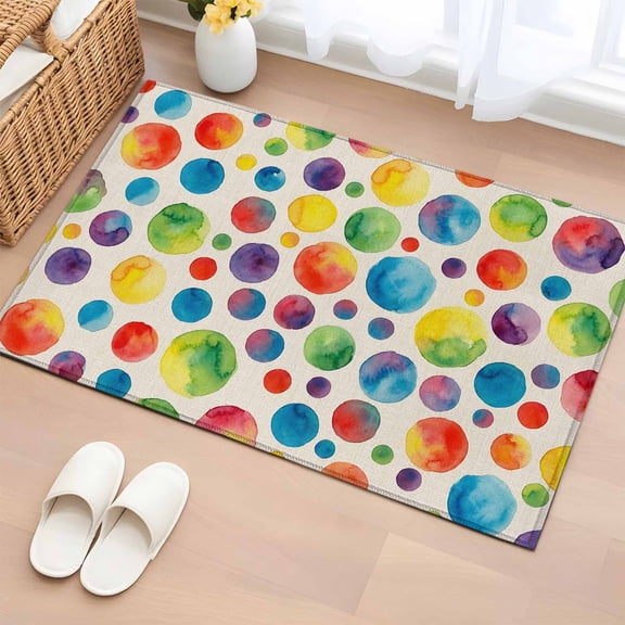 Rectangle Rug 2x3ft Area Rug, Watercolor Circle Dots on Linen Area Rugs for Living Room Bedroom, Seamless Colorful Dot Polka Floor Mat Non-Slip Non-Shedding Carpet Indoor Accent Rugs