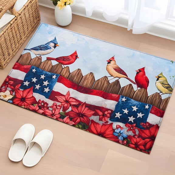 Rectangle Rug 2x3ft Area Rug,Watercolor Farmhouse Fence Birds Floral Area Rugs for Living Room Bedroom,USA Flag Theme Floor Mat Non-Slip Non-Shedding Carpet Indoor Accent Rugs