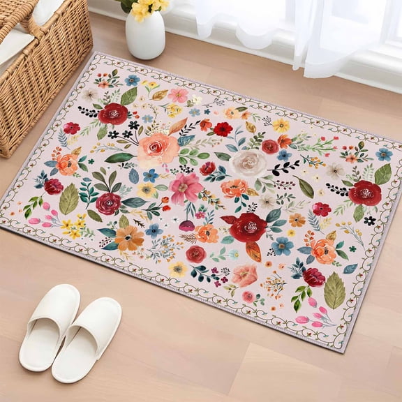 Rectangle Rug 2x3ft Area Rug, Watercolor Leaf Colorful Bloom Floral Area Rugs for Living Room Bedroom, Vintage Country on Pink Floor Mat Non-Shedding Non-Slip Carpet Indoor Accent Rugs