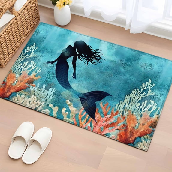 Rectangle Rug 2x3ft Area Rug,Watercolor Mermaid Silhouette Coral Area Rugs for Living Room Bedroom,Undersea World Floor Mat Non-Slip Non-Shedding Carpet Indoor Accent Rugs