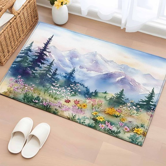 Rectangle Rug 2x3ft Area Rug, Watercolor Mountain Forest Scenery Area Rugs for Living Room Bedroom, Pastoral Landscape Art Floor Mat Non-Slip Non-Shedding Carpet Indoor Accent Rugs