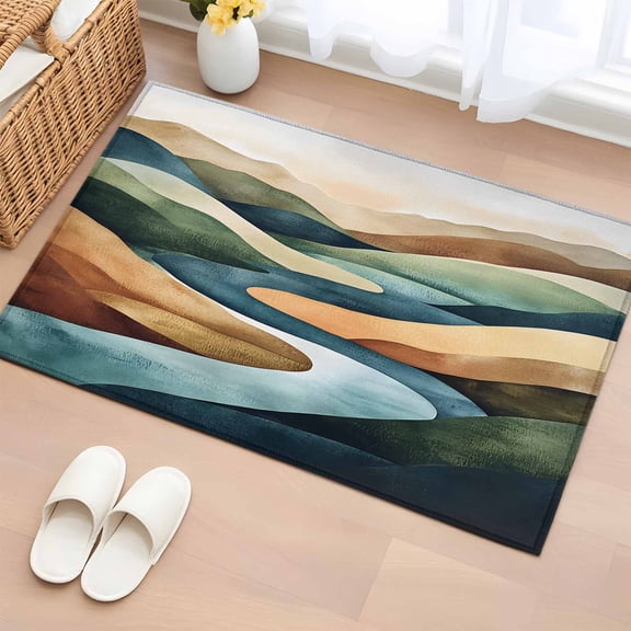 Rectangle Rug 2x3ft Area Rug, Watercolor Mountain River Landscape Area Rugs for Living Room Bedroom, Abstract Colorful Stripe Floor Mat Non-Slip Non-Shedding Carpet Indoor Accent Rugs